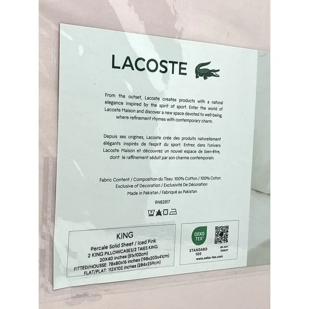 Lacoste KING Sheet Set Iced Pink 100% Cotton Percale Crocodile Logo 4 Pieces